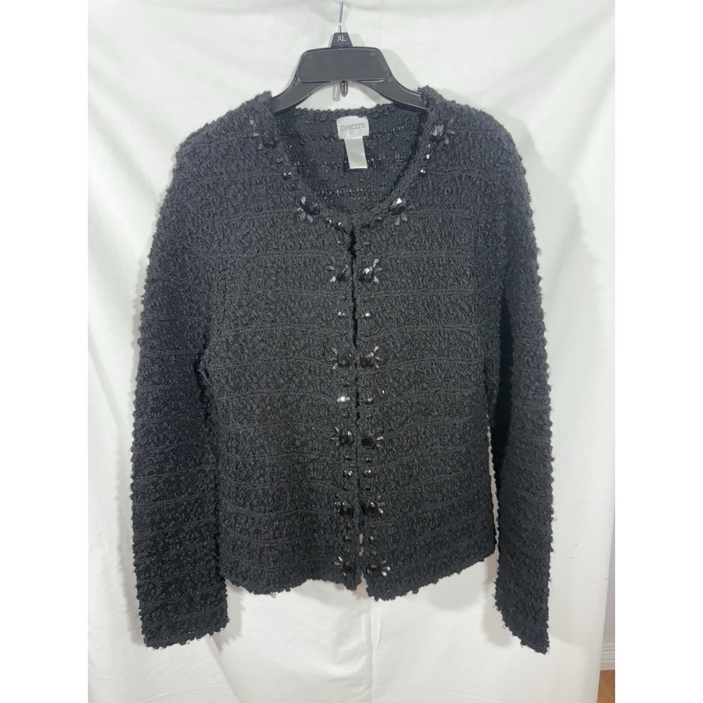 Chico's women's 2 Sweater black textured hook & eye Faceted Stone Embellishments